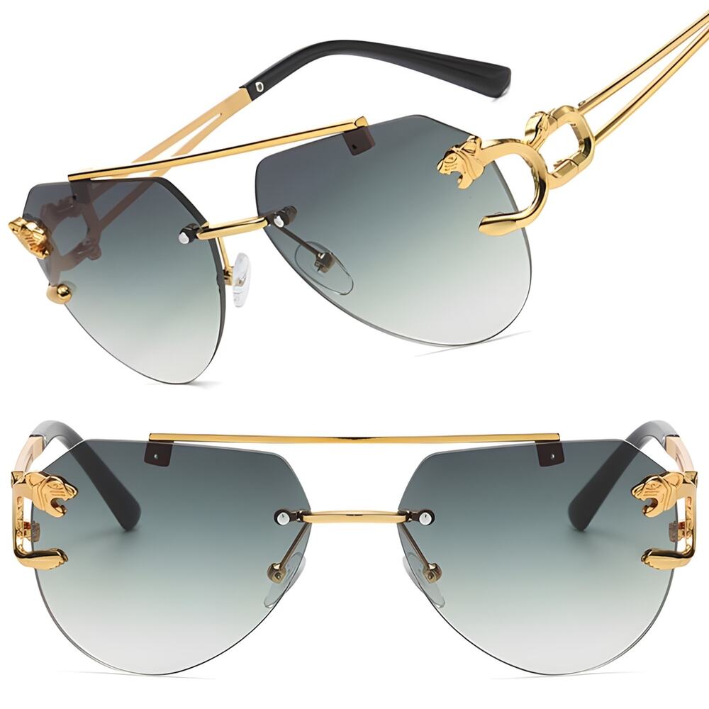 Panther Head Accents Luxe Edge Gray Lens Mens Womens Gold Square Sunglasses